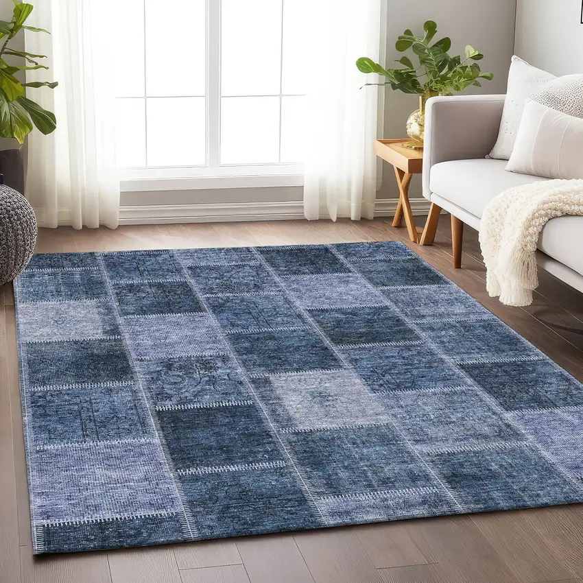 Blue And Gray Patchwork Washable Area Rug With UV Protection Photo 6