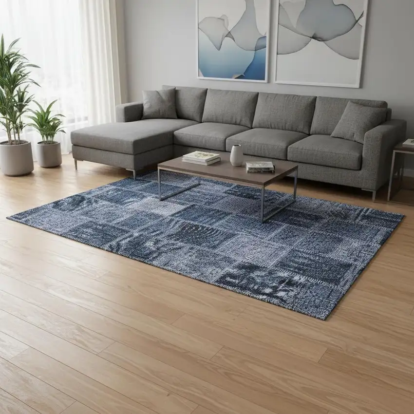 Blue And Gray Patchwork Washable Area Rug With UV Protection Photo 2