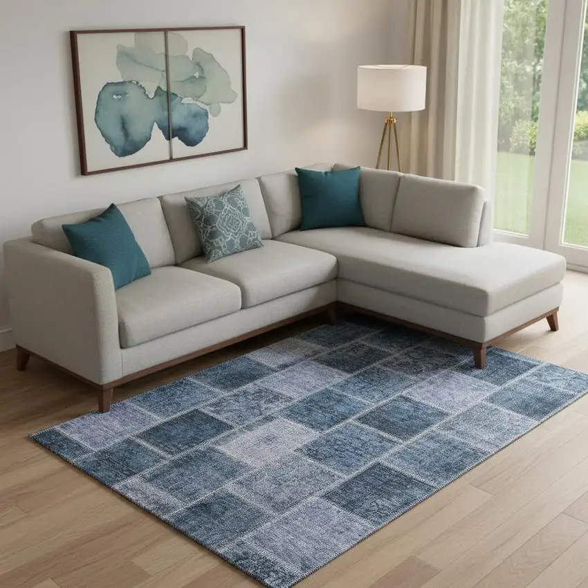 Blue And Gray Patchwork Washable Area Rug With UV Protection Photo 1