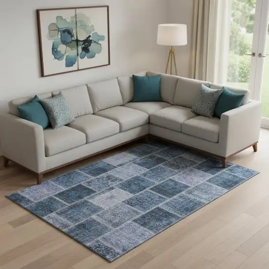 Blue And Gray Patchwork Washable Area Rug With UV Protection Photo 1