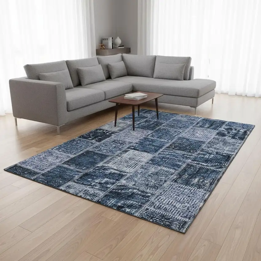 Blue And Gray Patchwork Washable Area Rug With UV Protection Photo 2
