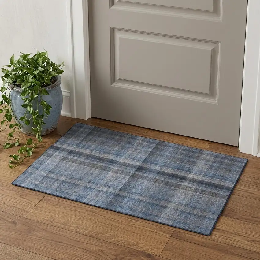 Blue And Gray Plaid Washable Area Rug With UV Protection Photo 1
