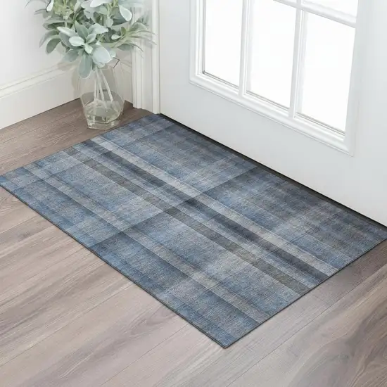 Blue And Gray Plaid Washable Area Rug With UV Protection Photo 2