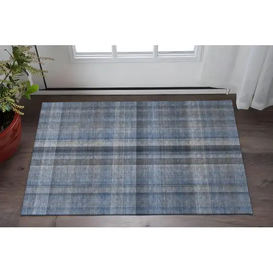 Blue And Gray Plaid Washable Area Rug With UV Protection Photo 2