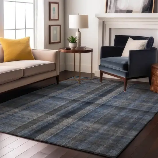Blue And Gray Plaid Washable Area Rug With UV Protection Photo 4