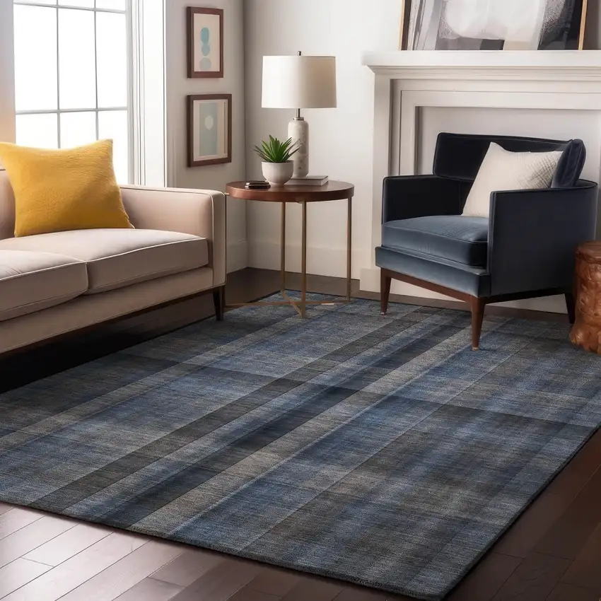 Blue And Gray Plaid Washable Area Rug With UV Protection Photo 4