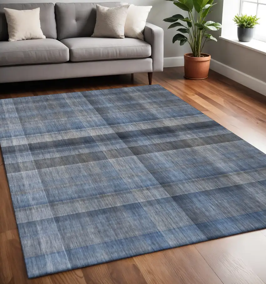 Blue And Gray Plaid Washable Area Rug With UV Protection Photo 2