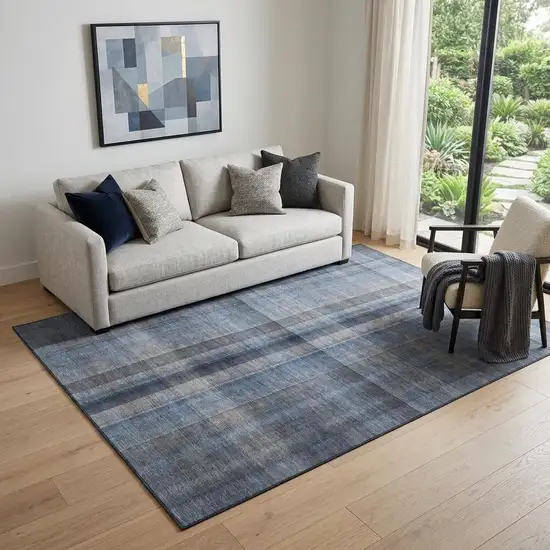 Blue And Gray Plaid Washable Area Rug With UV Protection Photo 1