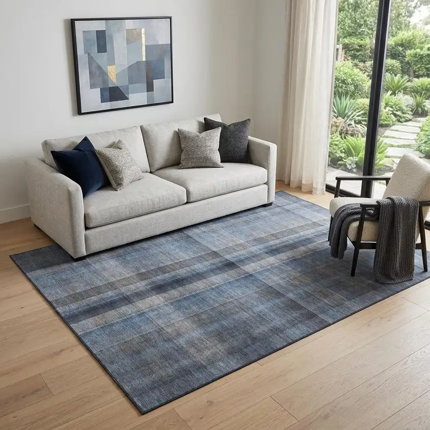 Blue And Gray Plaid Washable Area Rug With UV Protection Photo 1