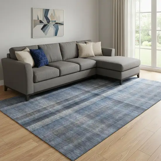 Blue And Gray Plaid Washable Area Rug With UV Protection Photo 3