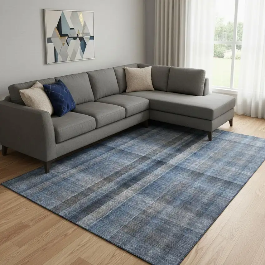 Blue And Gray Plaid Washable Area Rug With UV Protection Photo 1