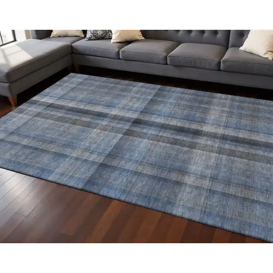Blue And Gray Plaid Washable Area Rug With UV Protection Photo 2