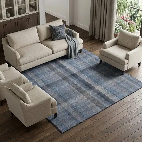 Blue And Gray Plaid Washable Area Rug With UV Protection Photo 1
