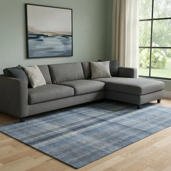 Blue And Gray Plaid Washable Area Rug With UV Protection Photo 1