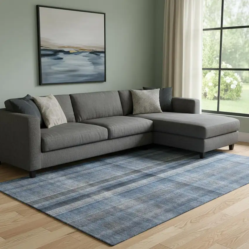 Blue And Gray Plaid Washable Area Rug With UV Protection Photo 1