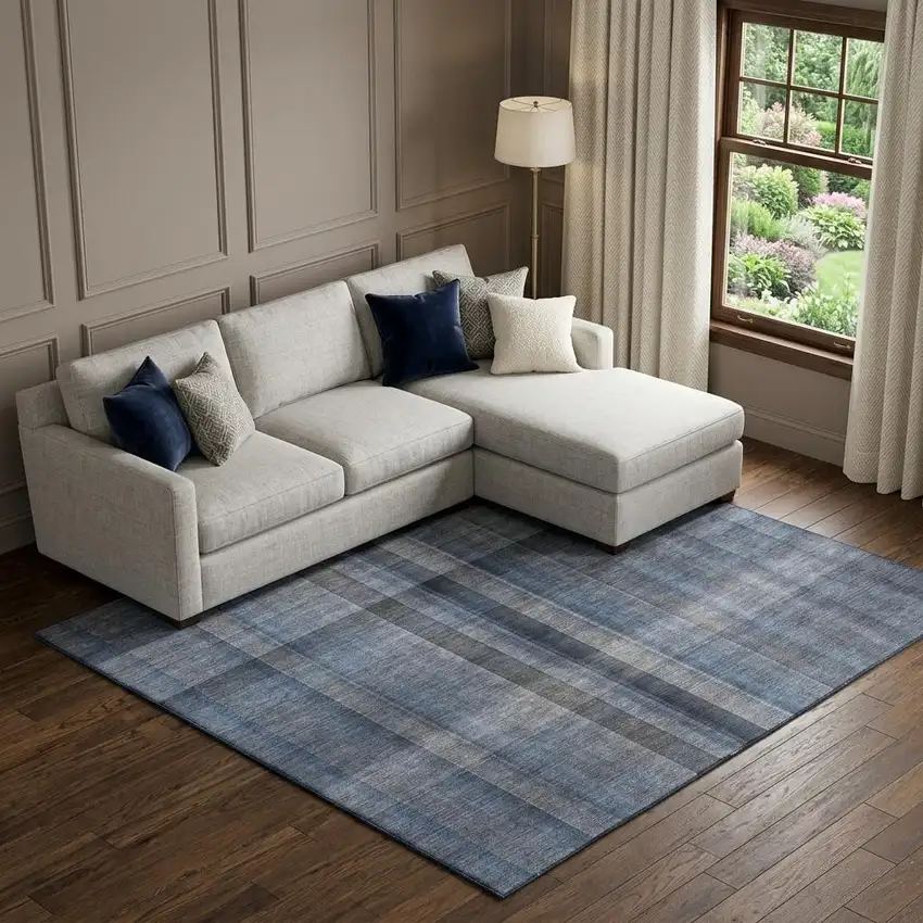 Blue And Gray Plaid Washable Area Rug With UV Protection Photo 1