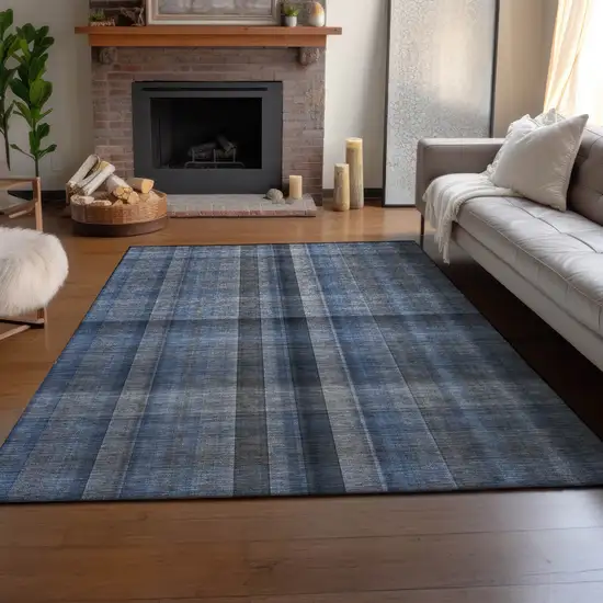 Blue And Gray Plaid Washable Area Rug With UV Protection Photo 5