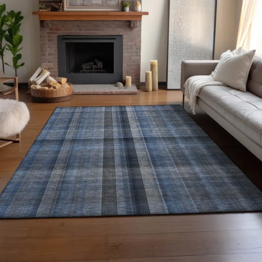 Blue And Gray Plaid Washable Area Rug With UV Protection Photo 5