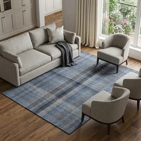 Blue And Gray Plaid Washable Area Rug With UV Protection Photo 1
