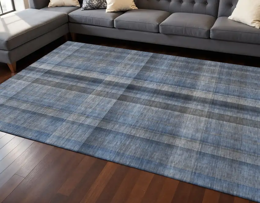 Blue And Gray Plaid Washable Area Rug With UV Protection Photo 2