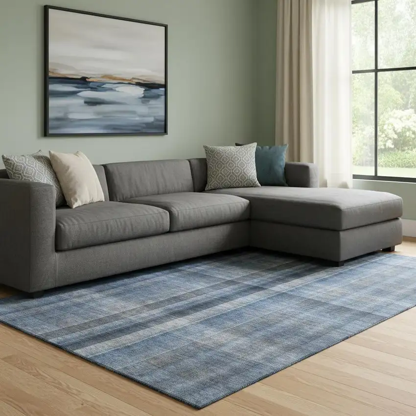 Blue And Gray Plaid Washable Area Rug With UV Protection Photo 1