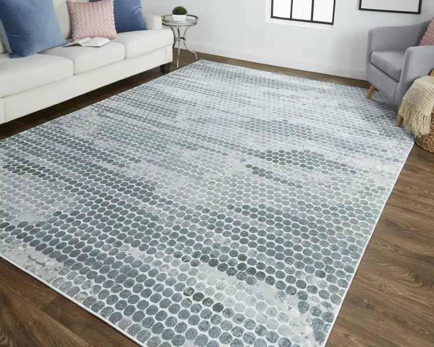 Blue And Gray Polka Dots Distressed Stain Resistant Area Rug Photo 7