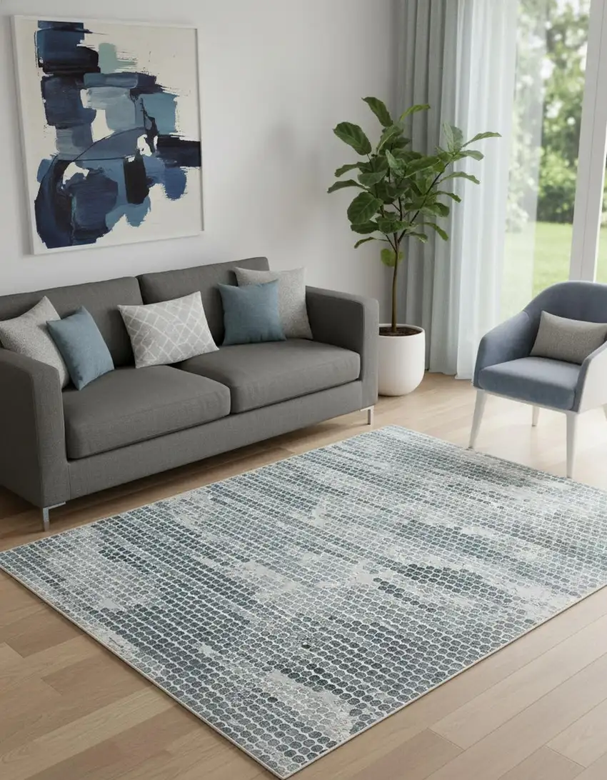 Blue And Gray Polka Dots Distressed Stain Resistant Area Rug Photo 1