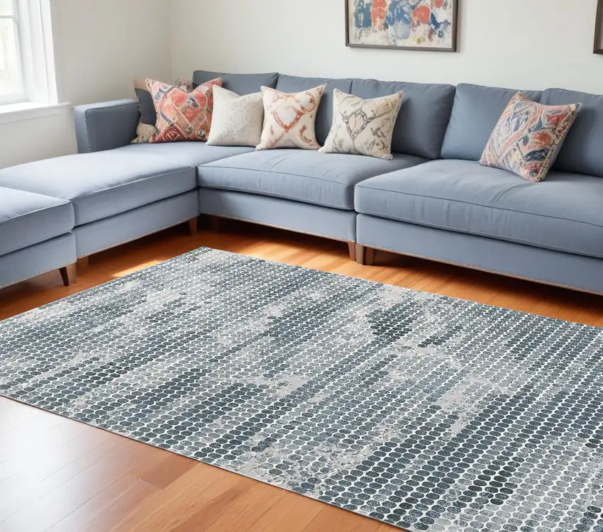 Blue And Gray Polka Dots Distressed Stain Resistant Area Rug Photo 1