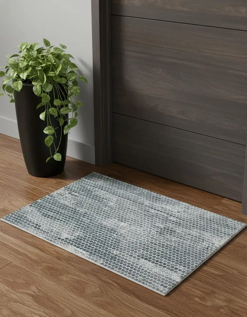 Blue And Gray Polka Dots Distressed Stain Resistant Area Rug Photo 1