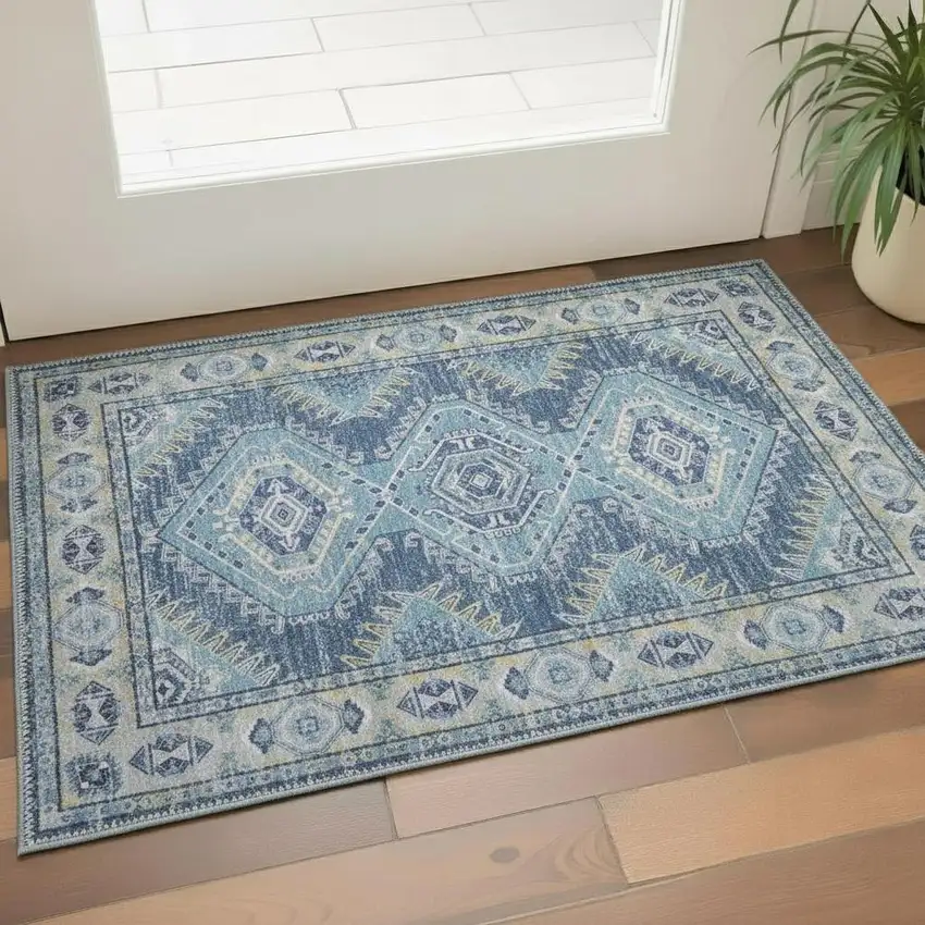 Blue And Gray Southwestern Washable Area Rug Photo 1
