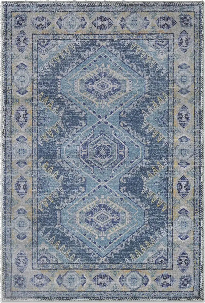 Blue And Gray Southwestern Washable Area Rug Photo 2