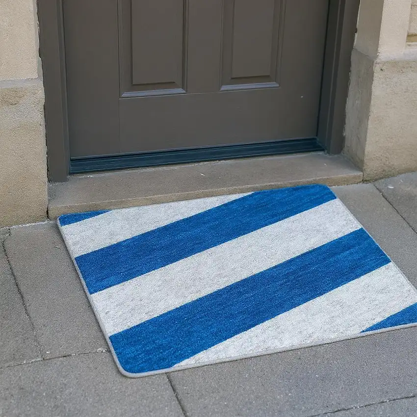 Blue And Gray Striped Washable Area Rug With UV Protection Photo 2