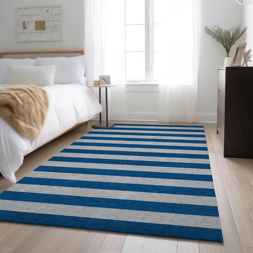 Blue And Gray Striped Washable Area Rug With UV Protection Photo 4