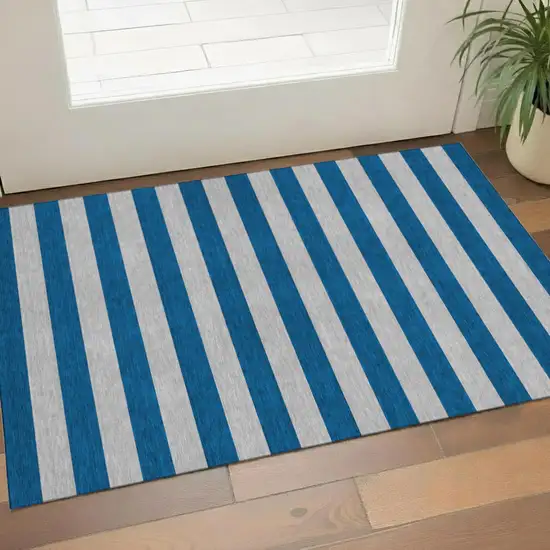 Blue And Gray Striped Washable Area Rug With UV Protection Photo 1