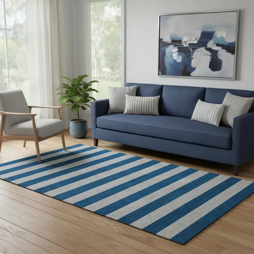 Blue And Gray Striped Washable Area Rug With UV Protection Photo 1