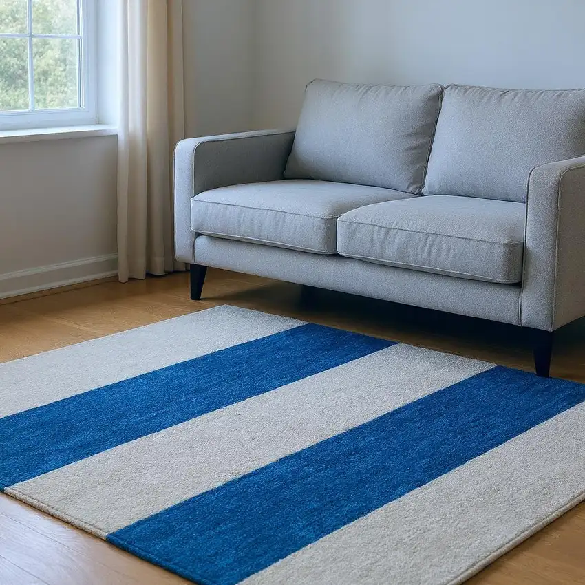 Blue And Gray Striped Washable Area Rug With UV Protection Photo 2