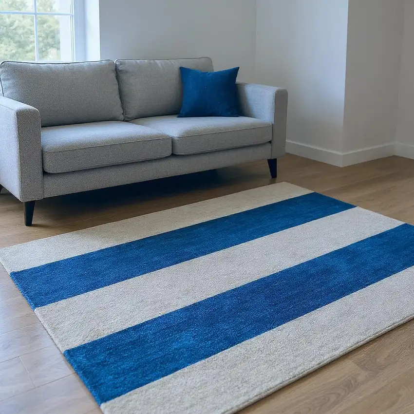 Blue And Gray Striped Washable Area Rug With UV Protection Photo 2