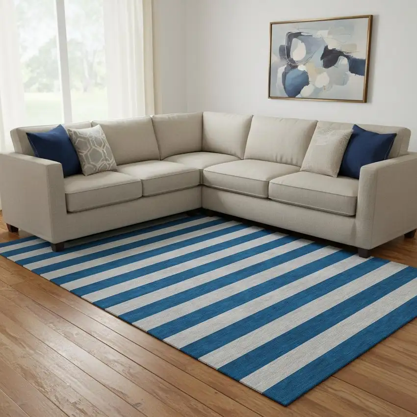 Blue And Gray Striped Washable Area Rug With UV Protection Photo 2