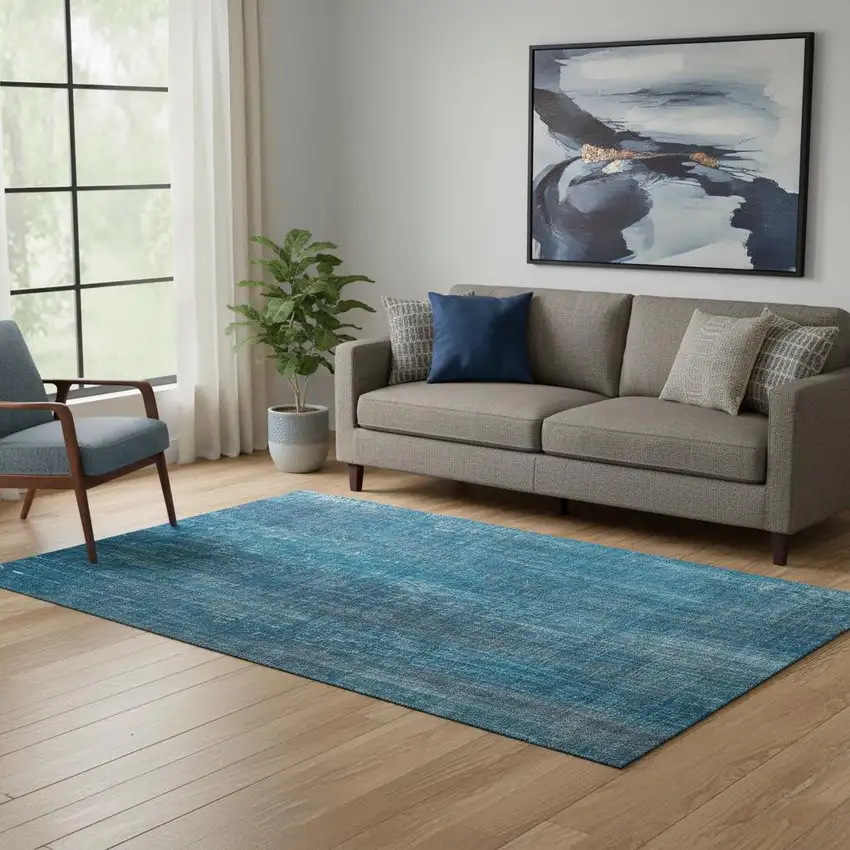 Blue And Gray Striped Washable Area Rug With UV Protection Photo 1