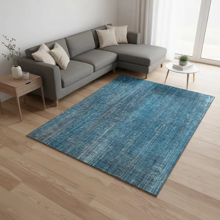 Blue And Gray Striped Washable Area Rug With UV Protection Photo 2