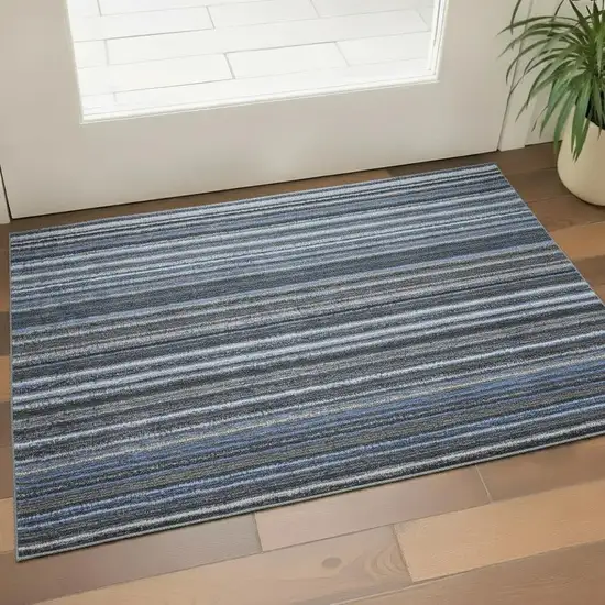 Blue And Gray Striped Washable Area Rug With UV Protection Photo 1
