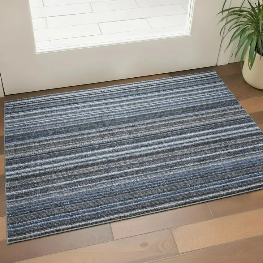 Blue And Gray Striped Washable Area Rug With UV Protection Photo 1