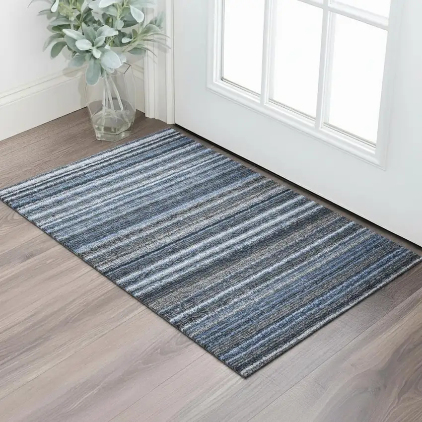 Blue And Gray Striped Washable Area Rug With UV Protection Photo 1