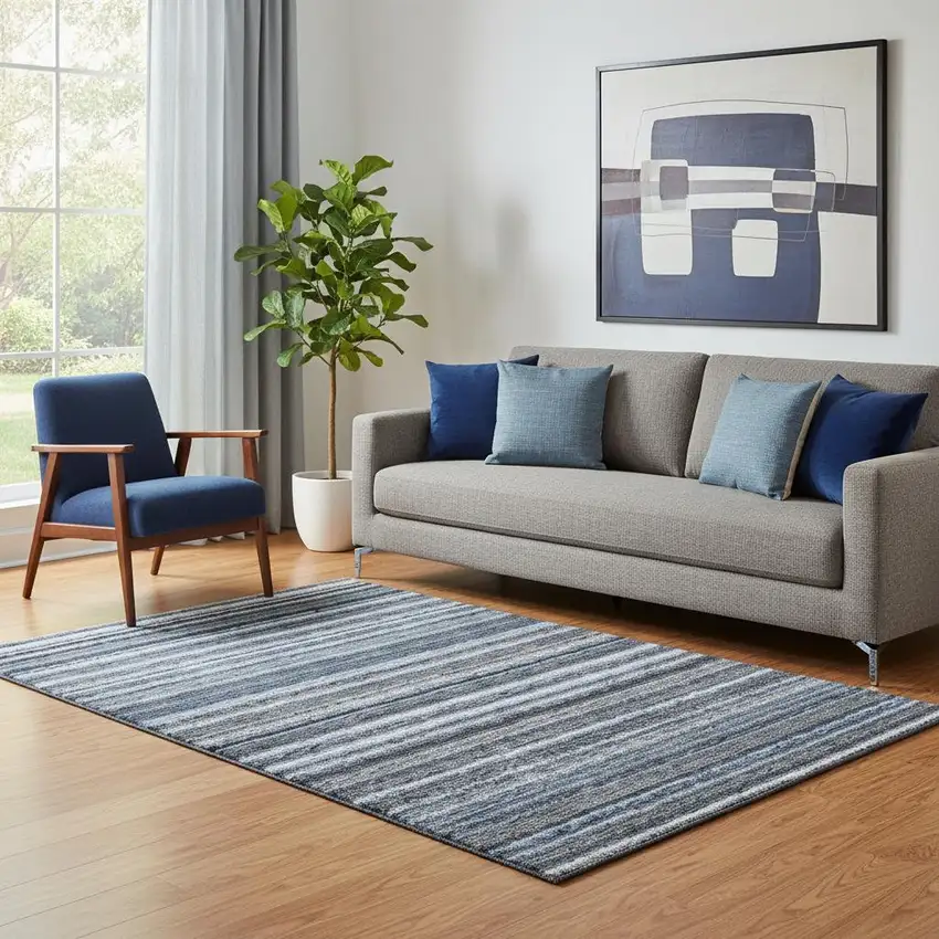 Blue And Gray Striped Washable Area Rug With UV Protection Photo 2