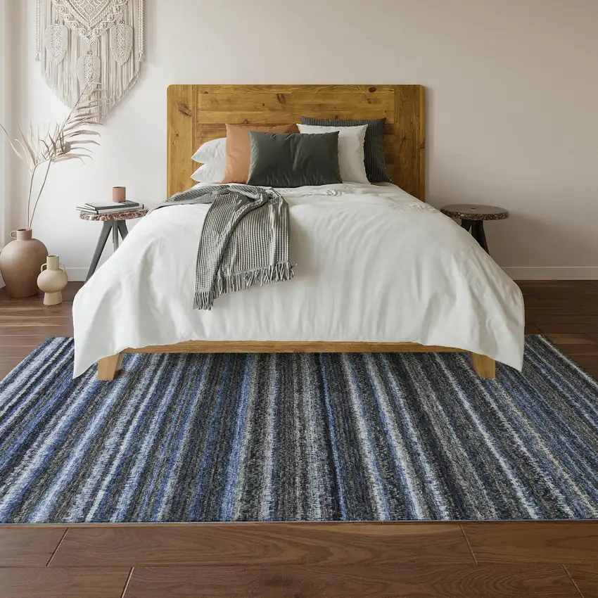 Blue And Gray Striped Washable Area Rug With UV Protection Photo 5