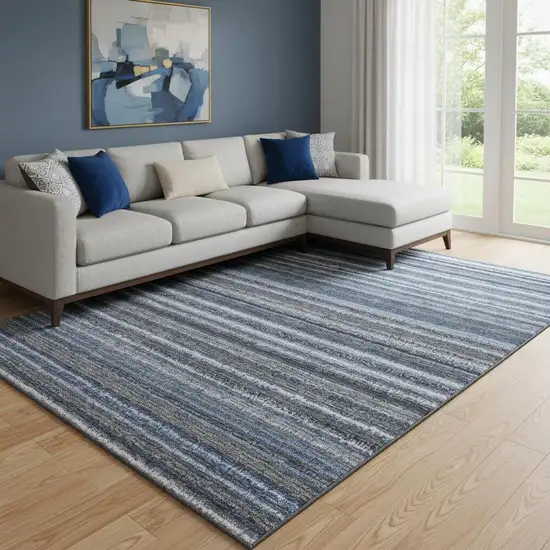 Blue And Gray Striped Washable Area Rug With UV Protection Photo 1