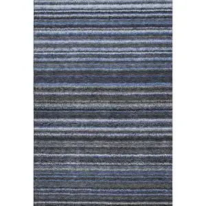 Photo of Blue And Gray Striped Washable Area Rug With UV Protection