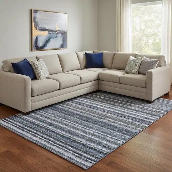 Blue And Gray Striped Washable Area Rug With UV Protection Photo 1