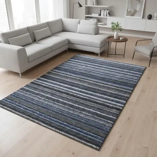 Blue And Gray Striped Washable Area Rug With UV Protection Photo 2