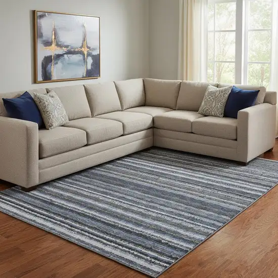 Blue And Gray Striped Washable Area Rug With UV Protection Photo 1